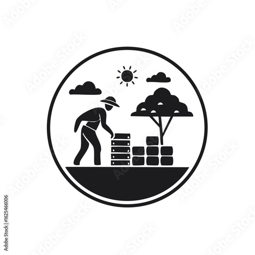 Person in Hat Building Blocks Under Sun and Tree Graphic Illustration within Circle Border