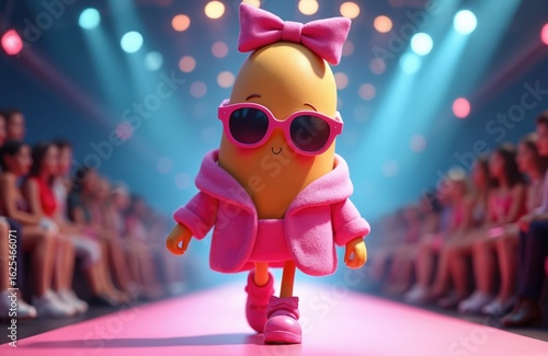 Wallpaper Mural Kawaii potato supermodel walks confidently on runway, vibrant pink fashion, sunglasses, bow accessory. Whimsical cartoon character in stylish outfit, delighting audience with unique choices. Fun Torontodigital.ca