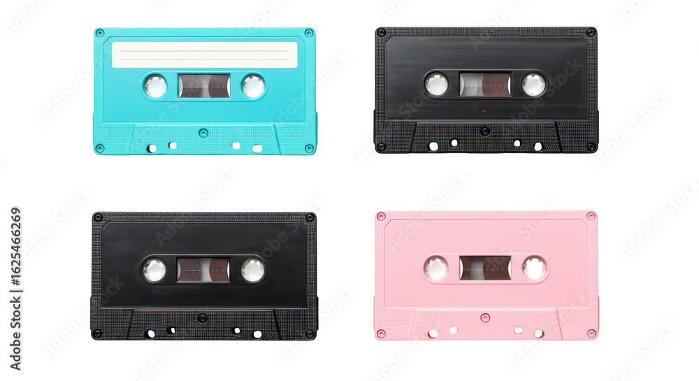 Fototapeta premium Photo of a stylish set of vintage audio cassette tapes in turquoise, black, and pink isolated on transparent background