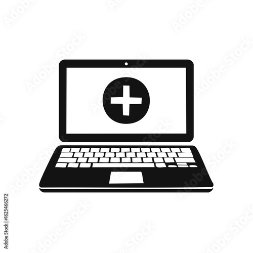 Laptop with cross symbol: Medical assistance on a computer or telehealth solutions concept