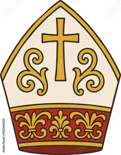 Minimalist Papal Mitre Vector Illustration with Gold Cross and Fleur-de-Lis Ornament – Catholic Bishop Hat Clipart