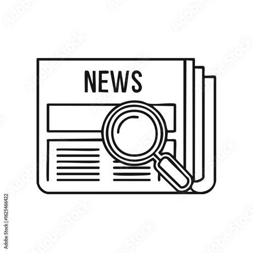 Line art icon of a newspaper with magnifying glass for news search and information discovery