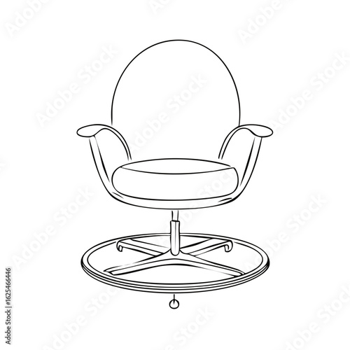 Modern swivel armchair with round seat and back and four-legged base with a circular frame