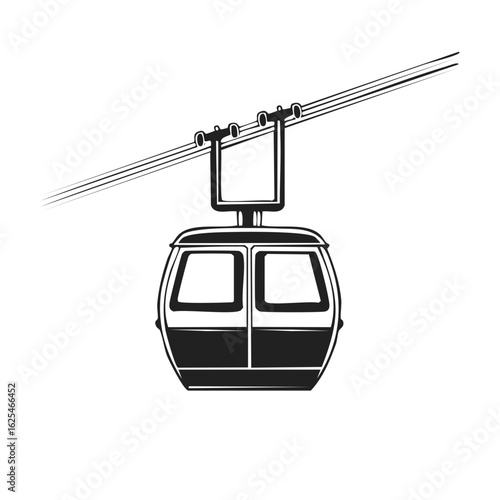 Black and white illustration of a modern cable car suspended from a wire against a plain background