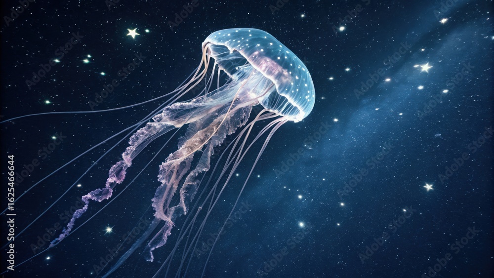 Fototapeta premium Elegant jellyfish floating through starry night sky creates a magical underwater fantasy scene