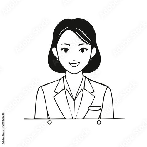 Sketch of a friendly businesswoman wearing jacket and earrings, ready to serve with a smiling face in minimal line art style