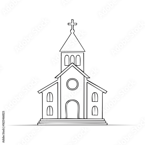 Simple Christian Church Building Line Art Drawing with Cross on Steeple Icon