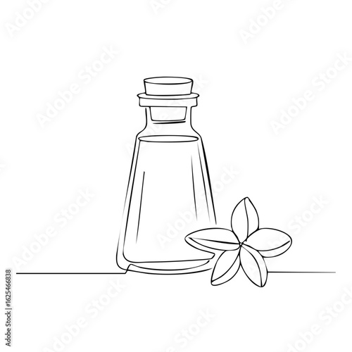 Elegant line art of essential oil bottle with tropical flower, wellness, aromatherapy