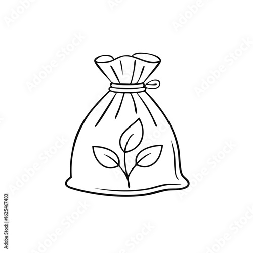 Line art illustration of seeds in bag with sprouting plant for ecological agriculture concept