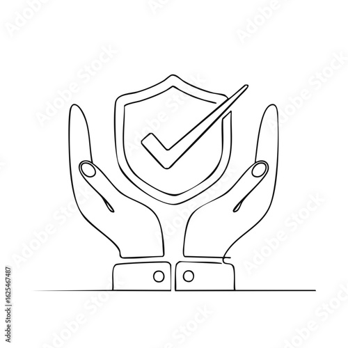 Line Art: Protective Shield with Check Mark Symbol Supported by Hands