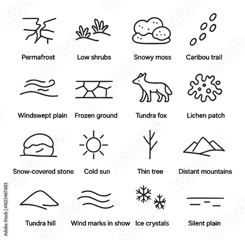 Arctic landscape linear icon set. featuring permafrost, snowy moss, tundra fox, ice crystals, silent plain, and more.