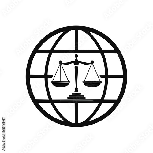 Scales of Justice Icon within Globe Symbol Represents Global Legal System and Law