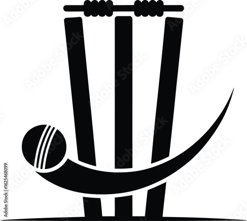 Dynamic black silhouette of a cricket ball curving past wickets and stumps in a sporty design silhouette