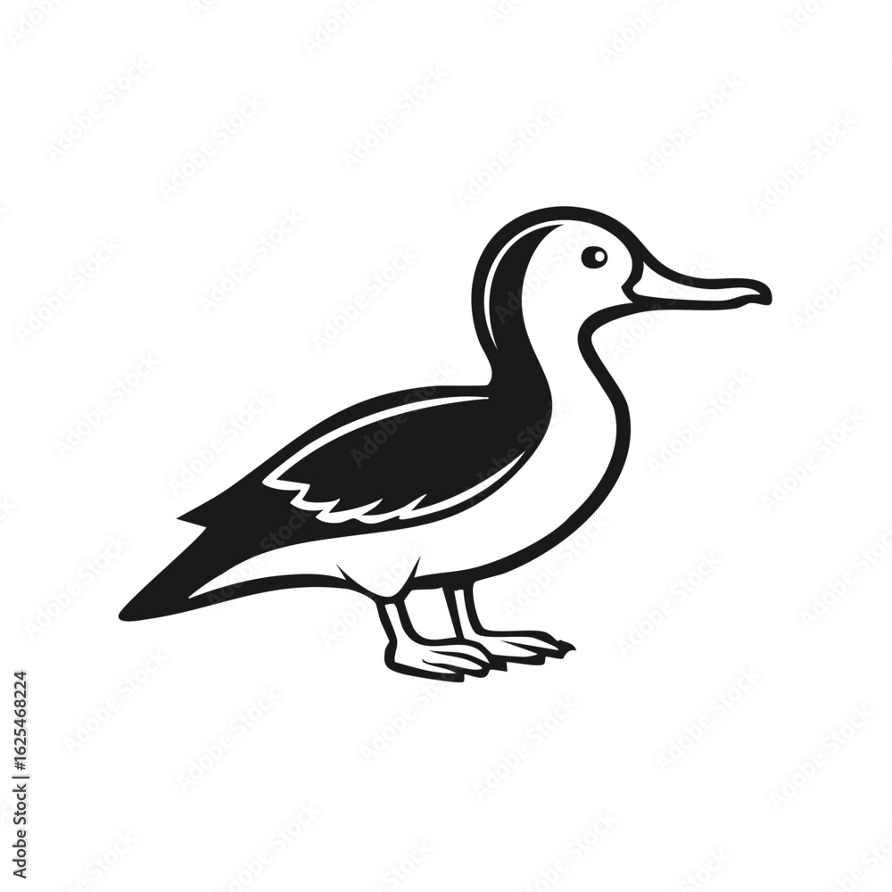 Obraz premium Stylized black and white graphic illustration of a duck standing on its webbed feet