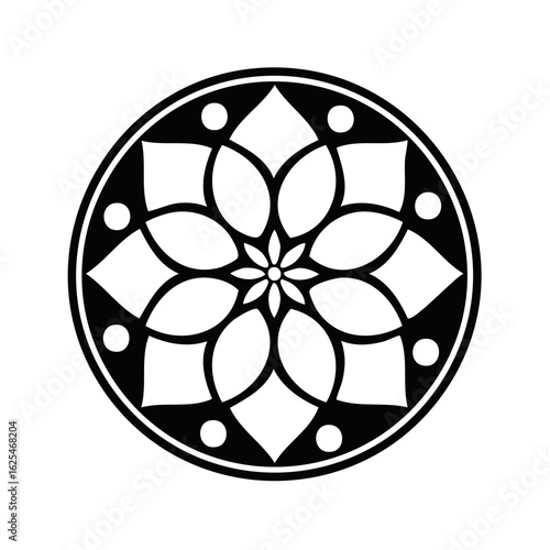 Symmetrical black and white circular floral mandala pattern for design and spiritual projects