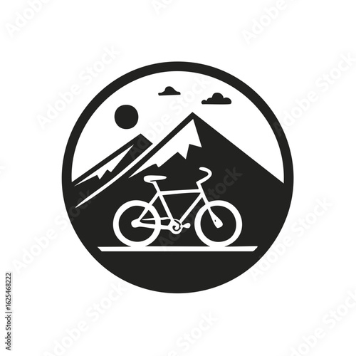 Adventure bicycle icon with mountain landscape sun and clouds in circle