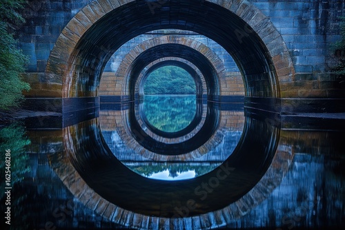 Stone Arches Reflected in Still Water, Creating Symmetrical Tunnel View, Tranquil Scene