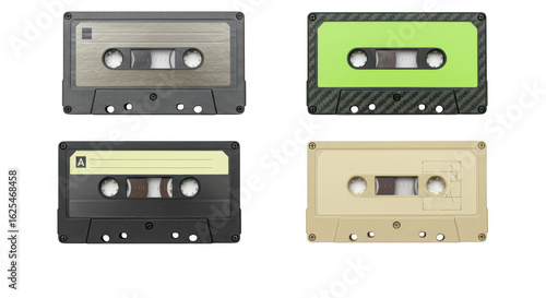 Photo of a collection of vintage audio cassettes isolated on transparent background, showcasing a variety of designs and colors from the past