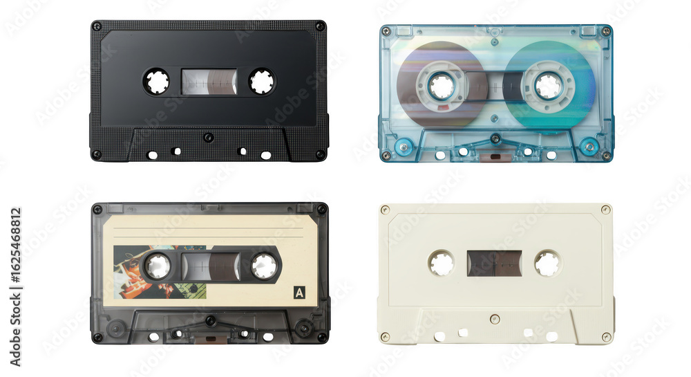 Fototapeta premium Photo of a collection of vintage audio cassettes isolated on transparent background, showcasing a variety of styles and designs from different eras