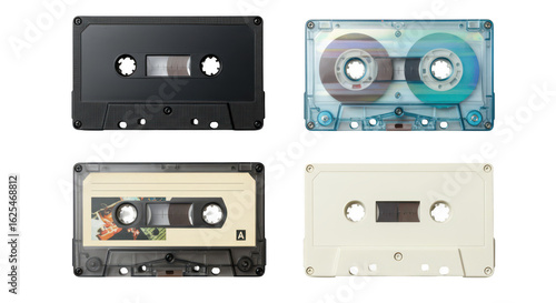 Photo of a collection of vintage audio cassettes isolated on transparent background, showcasing a variety of styles and designs from different eras