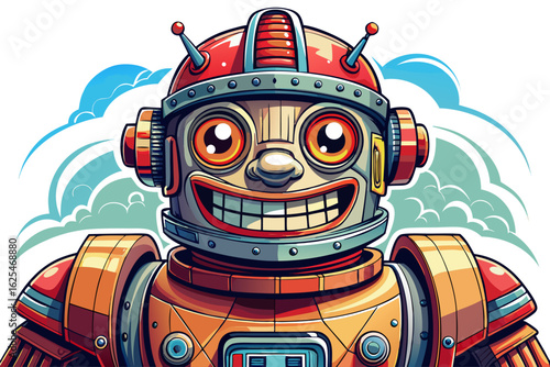 Vintage retro robot toy with colorful tin body, mechanical arms, and wind-up key. Classic collectible design, evoking nostalgic sci-fi themes and childhood memories