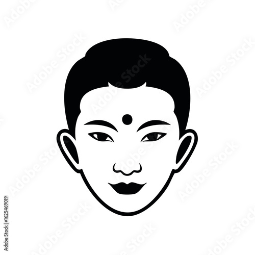 Black and white vector illustration of serene spiritual face with sacred forehead symbol
