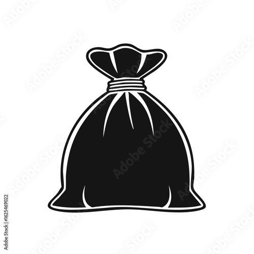 Simple black and white illustration of a full tied sack or garbage bag icon