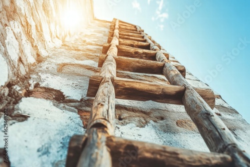 Wooden Ladder Against Stone Wall Reaching Upwards to Clear Blue Sky, Low Angle View