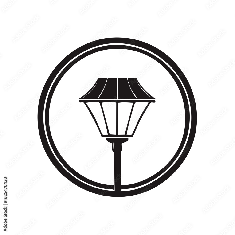 Stylized street light illustration with classic lantern enclosed within concentric circles in minimalist black and white design Stylized street light illustration with classic lantern enclosed within concentric circles in minimalist black and white design