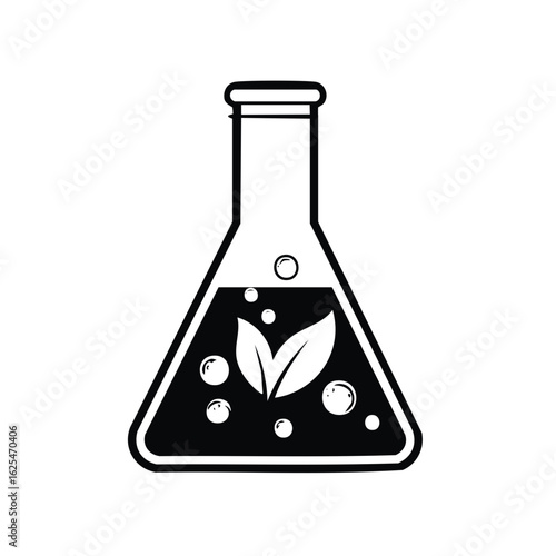 Erlenmeyer Flask Illustration with Leaves and Bubbles in Black and White Style