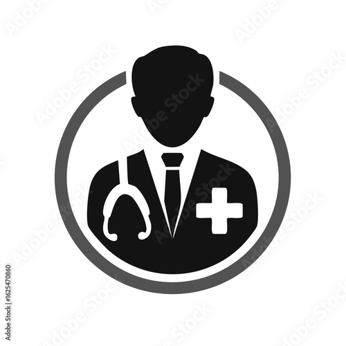 Doctor icon silhouette of medical professional wearing tie, stethoscope and cross in circle symbol emblem sign