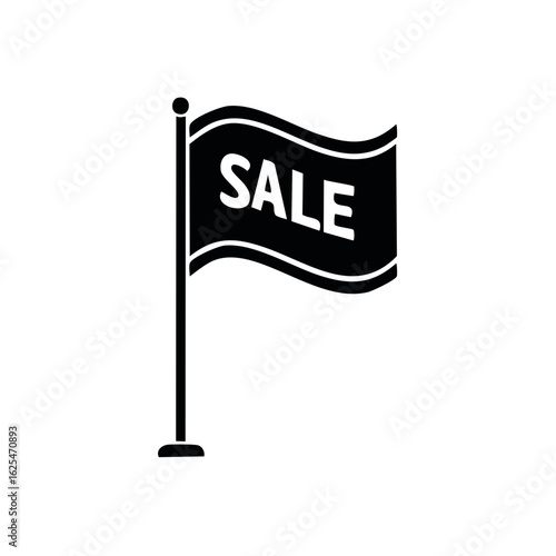 Waving Black Flag with Sale Message on a Pole Announces Discounts and Special Offers