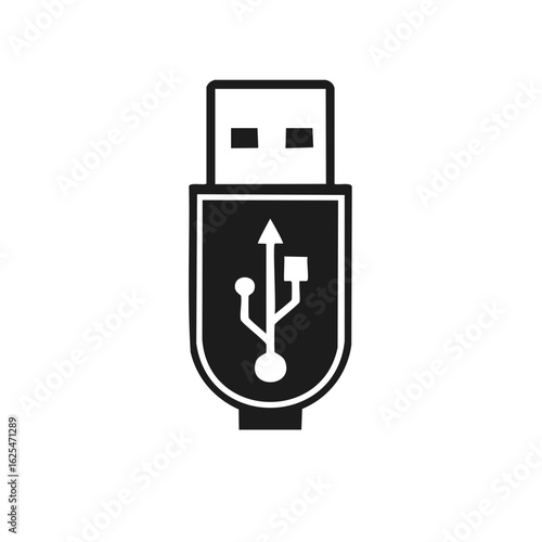Minimalist USB plug icon with connection symbol. Simple black and white graphic for technology and data transfer.