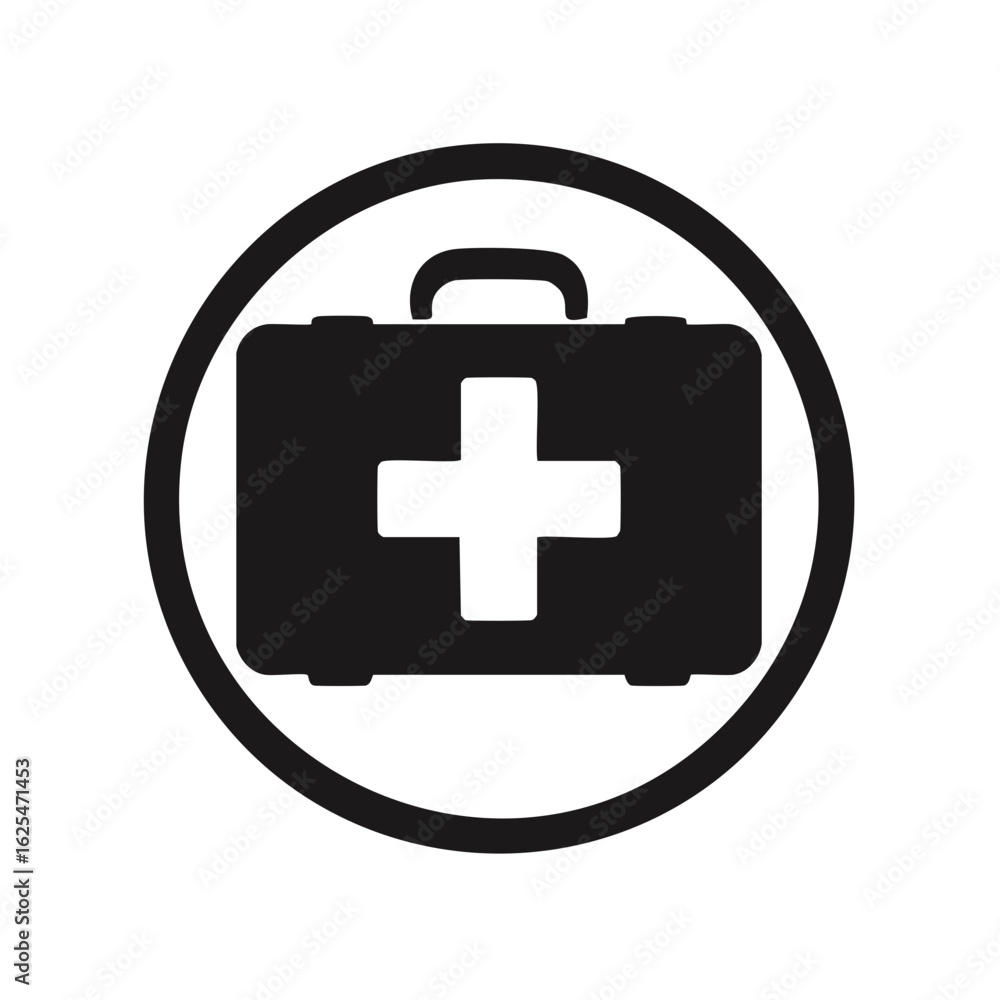 Obraz premium First aid kit icon inside a circle denoting emergency medical help and healthcare resources, graphic illustration of health box