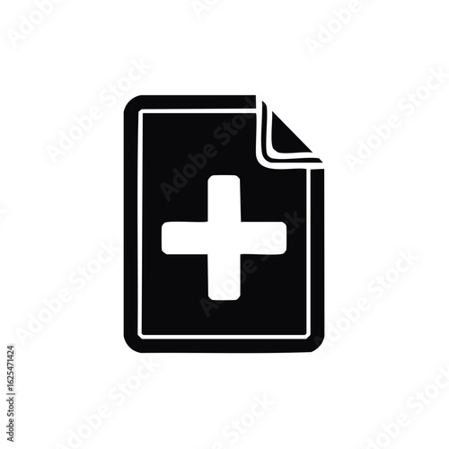 Add new file icon with a plus symbol. Simple black glyph for creating documents or medical records.