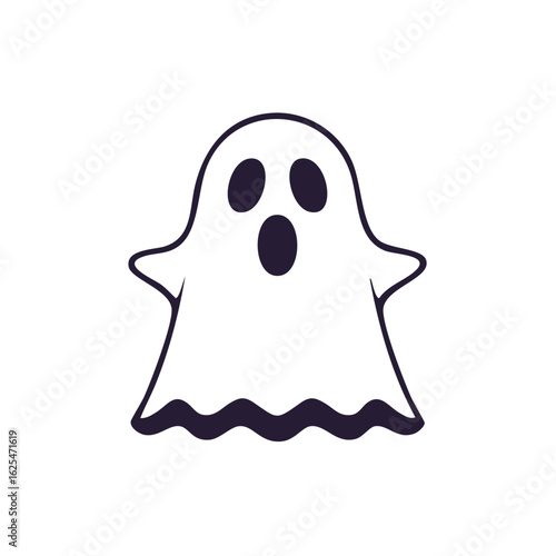 Simple Halloween Ghost with Scared Expression and Blank White Body, Outline Illustration, Isolated on White