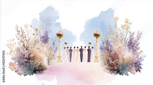 Watercolor-style illustration of Bridgerton bridal party in soft blush