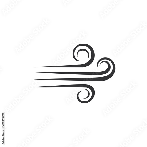 Stylized black wind symbol with swirling gusts and lines indicating movement