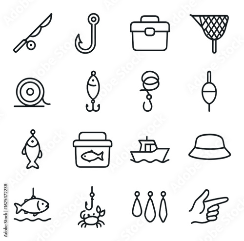 Fishing linear icon set. includes hook, rod, fish, net, boat, bucket, lure, crab, bobber, hat.