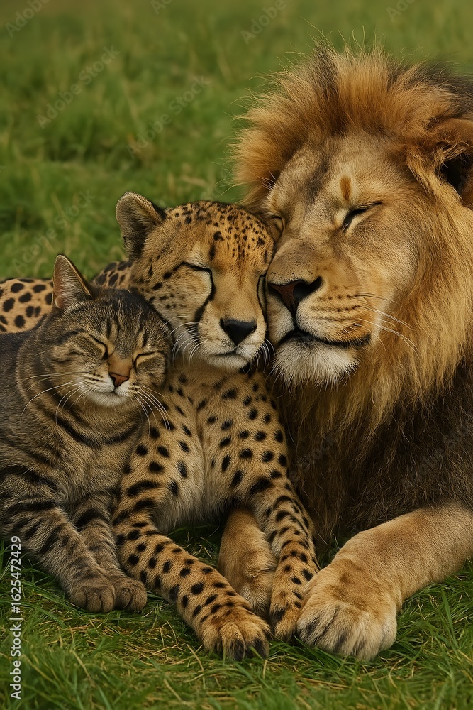 Fototapeta premium Unlikely Animal Friends - Cat, Cheetah, and Lion Cuddling Together in Harmony