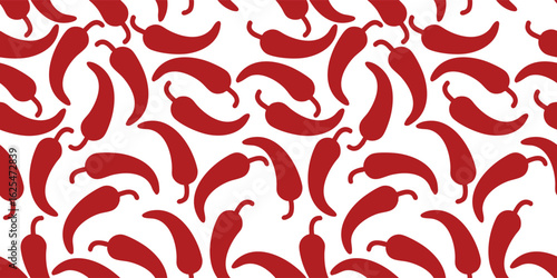 Minimalistic vector seamless background in EPS9 with red pepper silhouettes on a smooth repeat grid. Ideal for kitchenware, culinary branding, or interior decoration.