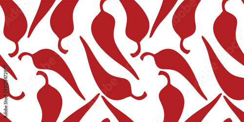 Minimalistic vector seamless background in EPS9 with red pepper silhouettes on a smooth repeat grid. Ideal for kitchenware, culinary branding, or interior decoration.