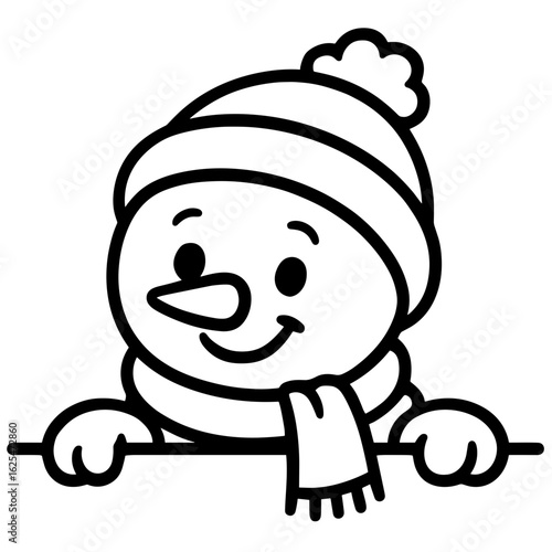 A charming snowman peers over the edge, showcasing a delightful monochrome illustration that's perfect for the winter season. vector illustration