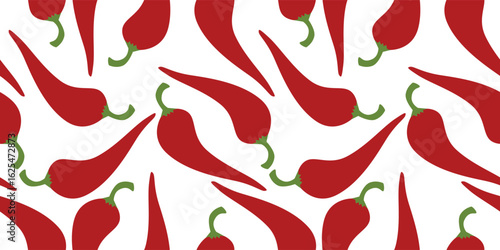 Minimalistic vector seamless background in EPS9 with red pepper silhouettes on a smooth repeat grid. Ideal for kitchenware, culinary branding, or interior decoration.