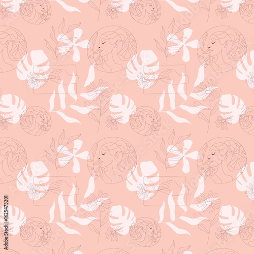 Elegant Botanical and Woman Line Art  seamless pattern