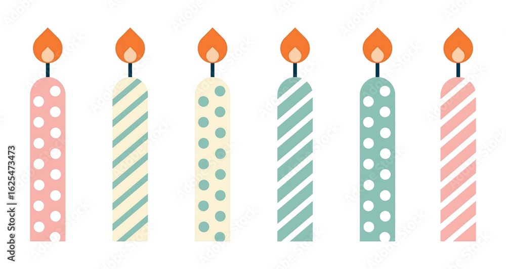 Patterned birthday candles in pink, green, and cream, featuring polka dots and stripes with orange flames. Patterned birthday candles in pink, green, and cream, featuring polka dots and stripes with orange flames.
