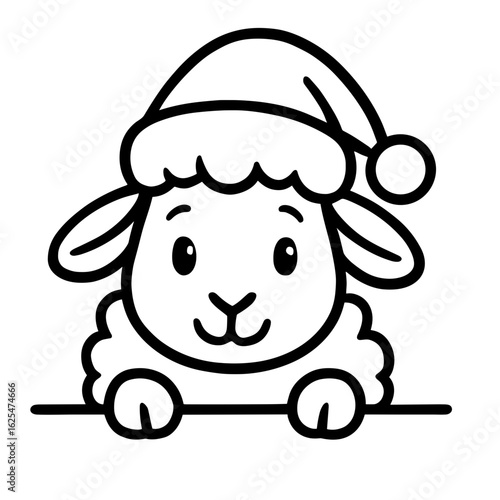 A charming sheep wearing a festive hat peers out, exuding warmth and holiday cheer. This line art illustration showcases the delightful essence of the festive season. vector illustration