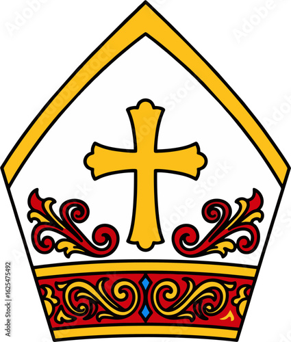 Traditional Papal Mitre Vector with Gold Cross and Red Scroll Ornament – Catholic Bishop Hat Illustration