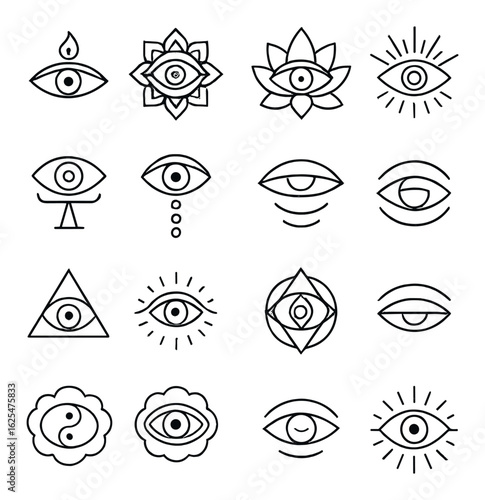Spiritual linear icon set. containing eye, mandala, spiritual, enlightenment, vision, yin yang, meditation, and more.