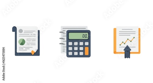 Financial Analysis Icons: Calculator, Charts, and Documents for Business Growth